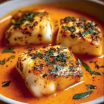 Cod fillets cooked in roasted red pepper sauce served on a white plate.