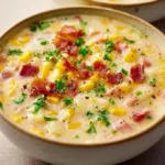 Bowl of creamy corn chowder with fresh herbs and vegetables