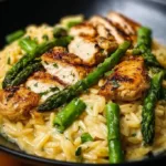 Bowl of creamy asparagus orzo garnished with fresh herbs and parmesan cheese
