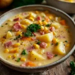 Creamy Ham Chowder with Potatoes and Corn in a bowl