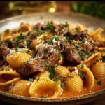 Creamy Paprika Steak served with pasta shells on a plate
