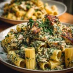 Delicious creamy pesto chicken pasta bake served in a dish