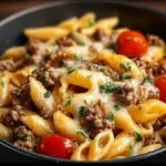 Creamy Rotel pasta with ground beef in a serving dish