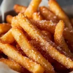 Plate of crispy air fryer apple fries, garnished with cinnamon and sugar