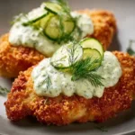 Crispy Dill Pickle Parmesan Chicken served with a side of dipping sauce