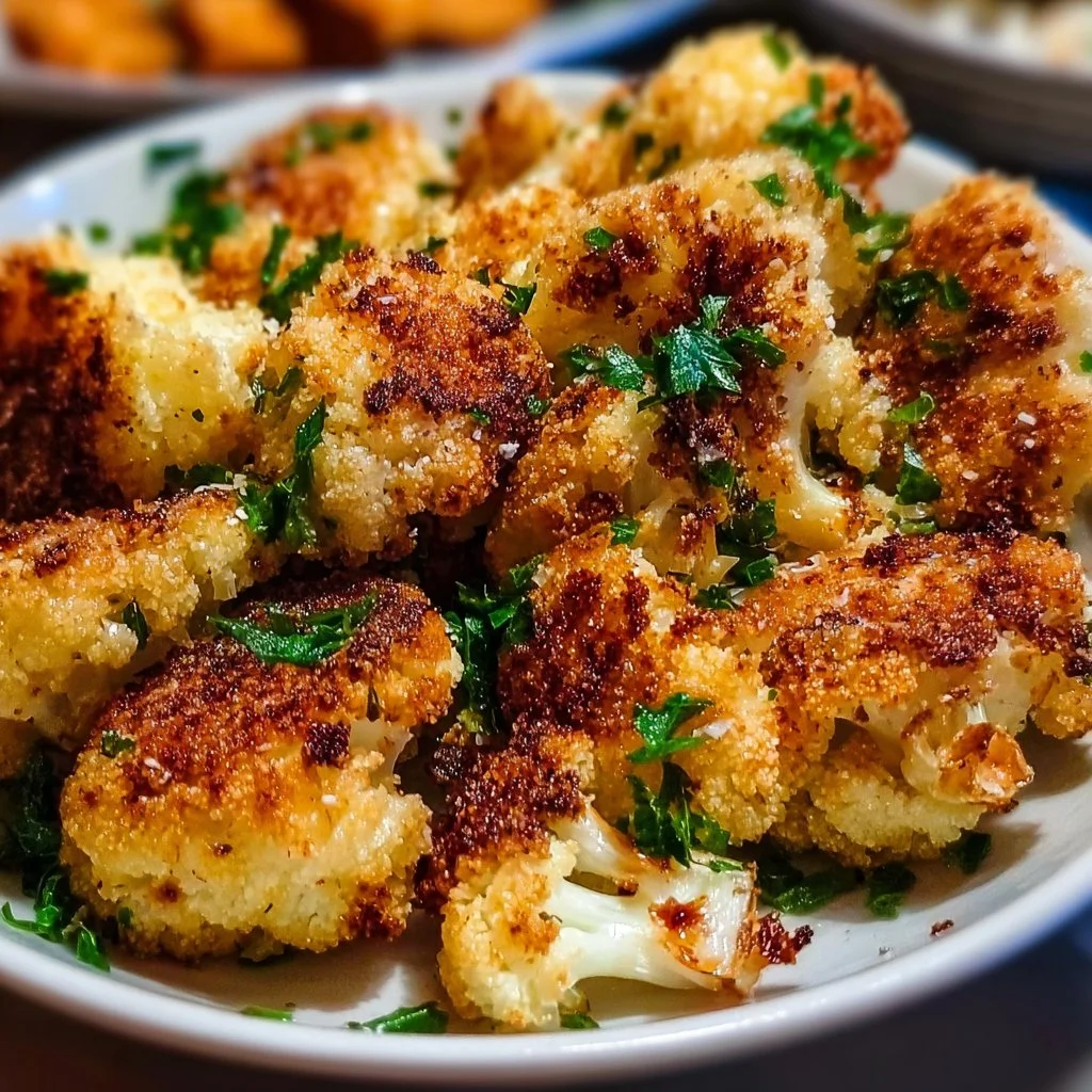 Crispy Parmesan Cauliflower 1 Baked Crispy Parmesan Cauliflower florets topped with herbs and spices