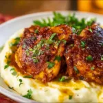 Crockpot Carolina Gold BBQ chicken thighs served on a plate with sauce and garnishes.
