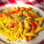 Crockpot Chicken Fajita Pasta served in a bowl with colorful peppers and chicken.