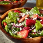 Fresh crunchy strawberry salad with greens and toppings