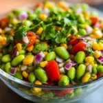 Colorful bowl of Edamame Salad with fresh vegetables and dressing