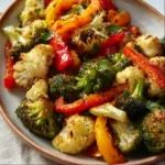 Bowl of garlic roasted vegetables garnished with herbs
