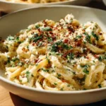 A bowl of creamy Goat Cheese Pasta garnished with herbs and spices.