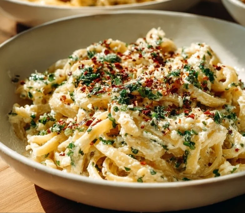 Goat Cheese Pasta 1 A bowl of creamy Goat Cheese Pasta garnished with herbs and spices.