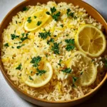 Bowl of Greek lemon rice garnished with fresh herbs and lemon slices.