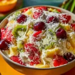 Delicious Hawaiian Cheesecake Salad topped with tropical fruits
