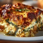 High protein chicken zucchini bake served in a dish with fresh herbs.