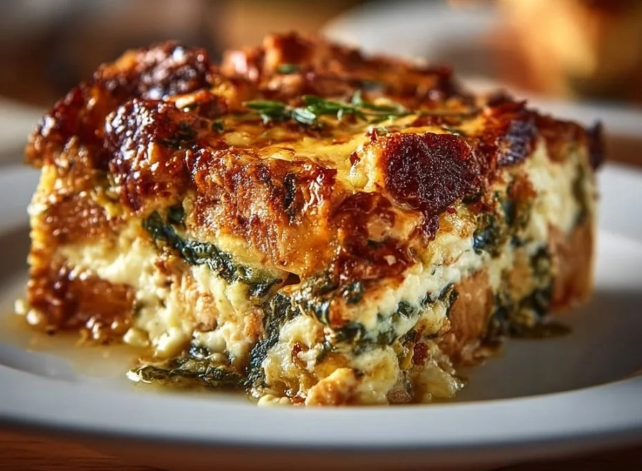 High Protein Chicken Zucchini Bake 1 High protein chicken zucchini bake served in a dish with fresh herbs.