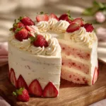 Homemade strawberry cake topped with fresh strawberries and whipped cream