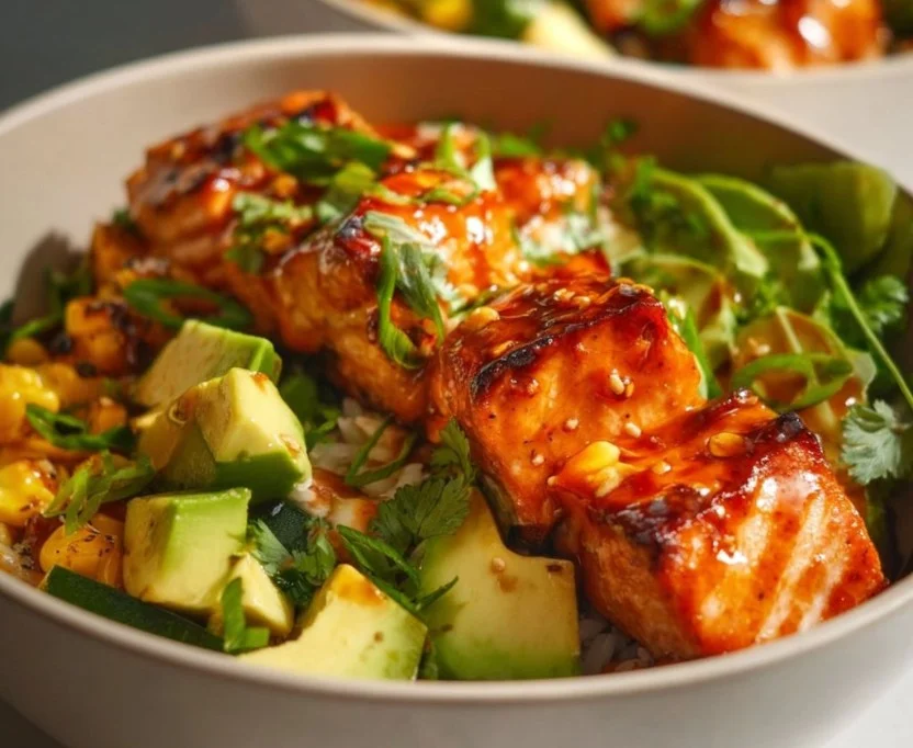 Honey Glazed Salmon Bowls 1 Honey glazed salmon bowl with colorful vegetables and rice