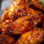 Hot Honey Peach Wings served on a plate garnished with herbs