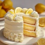 Slice of Italian lemon cream cake with lemon garnishes
