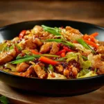 Juicy chicken cabbage stir-fry with vibrant vegetables in a flavorful sauce