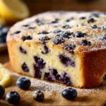 Slice of lemon blueberry cake with fresh blueberries and lemon zest on top