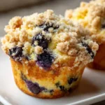 Lemon blueberry muffins with streusel topping on a wooden table.