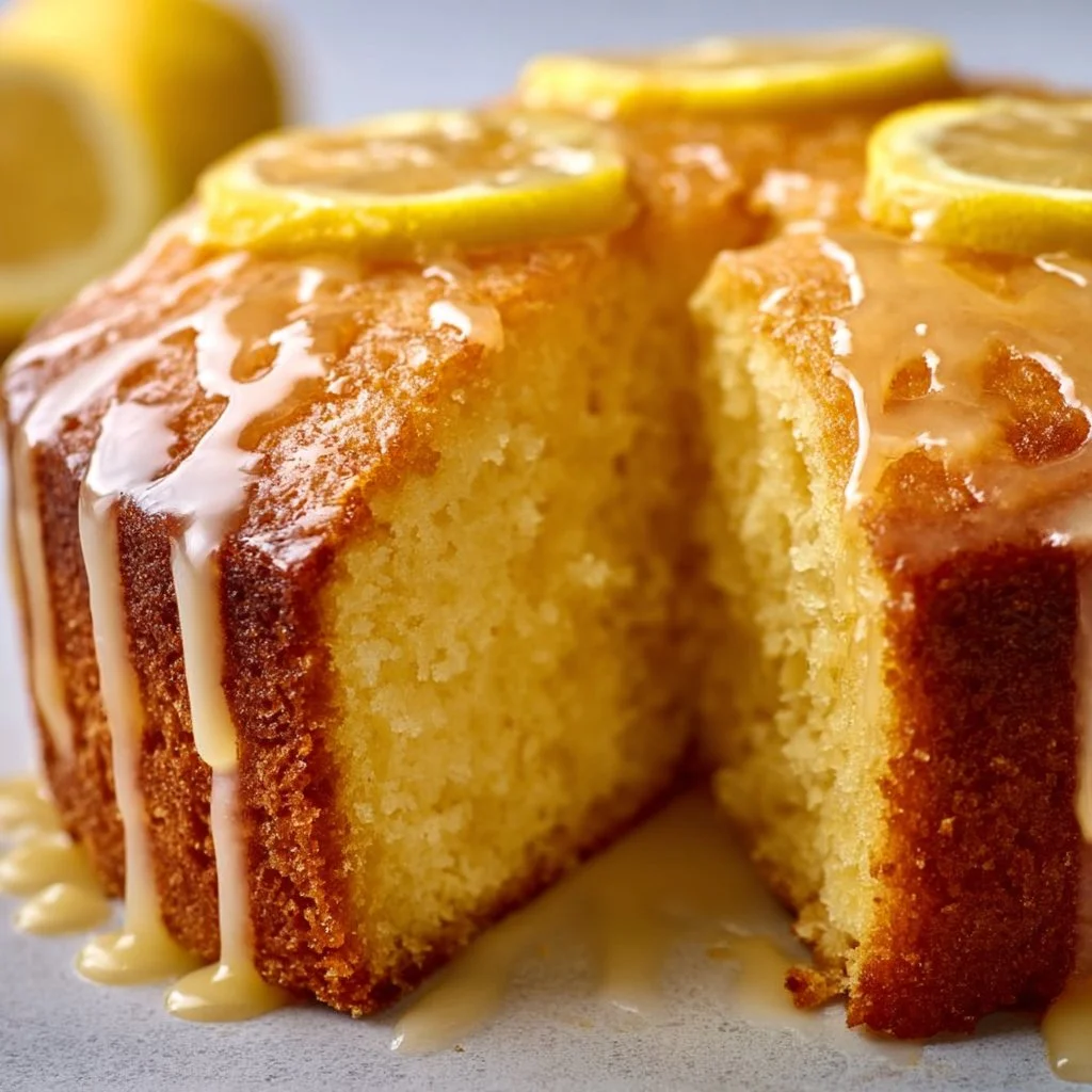 Lemon Pound Cake with Tangy Glaze 4 Lemon Pound Cake topped with Tangy Glaze on a plate