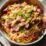 Delicious low-carb Reuben Bowls served in a bowl with toppings