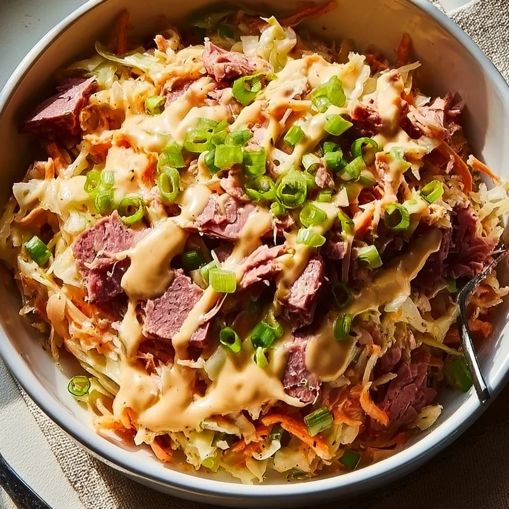 Low-Carb Reuben Bowls 2 Delicious low-carb Reuben Bowls served in a bowl with toppings
