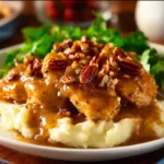 Maple Bourbon Pecan Chicken dish garnished and ready to serve