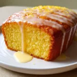Slice of moist lemon pound cake with a zesty glaze