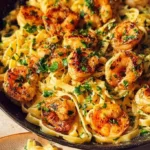 Delicious Old Bay Garlic Shrimp Pasta garnished with herbs and served in a bowl