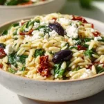Delicious orzo pasta salad with fresh vegetables and herbs
