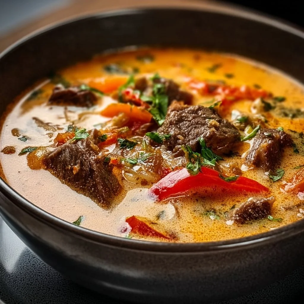 Philly Cheese Steak Soup 4 Delicious Philly Cheese Steak Soup topped with melted cheese and fresh ingredients.