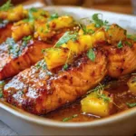 Delicious Pineapple Glazed Salmon garnished with fresh herbs