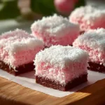 Pink Coconut Snowball Cake Bars topped with coconut flakes.