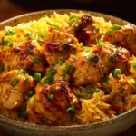 A delicious plate of Portuguese Chicken and Rice garnished with fresh herbs.