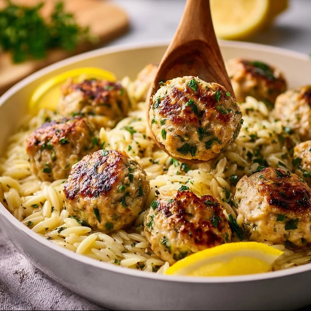 Quick Greek Chicken Meatballs With Lemon Orzo 3 Quick Greek chicken meatballs served with lemon orzo on a plate