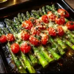 Plate of delicious roasted asparagus garnished with herbs and spices