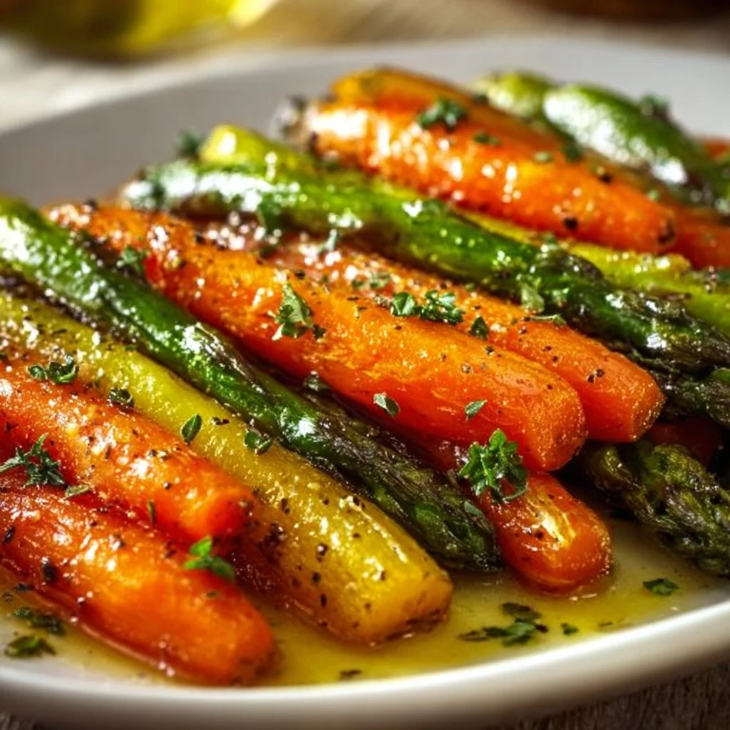 Roasted Asparagus & Carrots 3 Plate of roasted asparagus and carrots, garnished for a delightful vegetable dish.