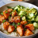 Delicious salmon rice bowl topped with fresh vegetables and seasonings