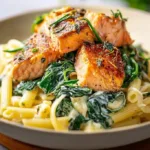 Creamy salmon spinach pasta served on a plate with herbs and parmesan cheese