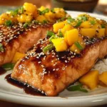 Grilled salmon topped with vibrant mango salsa, garnished with fresh herbs.