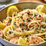 Plate of savory smoked salmon linguine with herbs and lemon slices