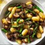 Sheet pan with roasted asparagus and mushrooms for a healthy dinner