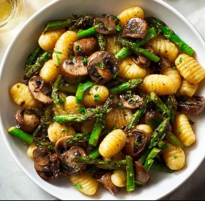 Sheet Pan Asparagus Mushroom 4 Sheet pan with roasted asparagus and mushrooms for a healthy dinner