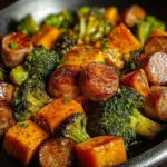 Delicious sheet pan sausage and sweet potatoes ready to serve and enjoy.