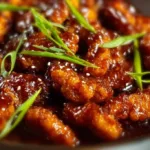 Spicy dragon chicken served on a plate, garnished with herbs and chili peppers.